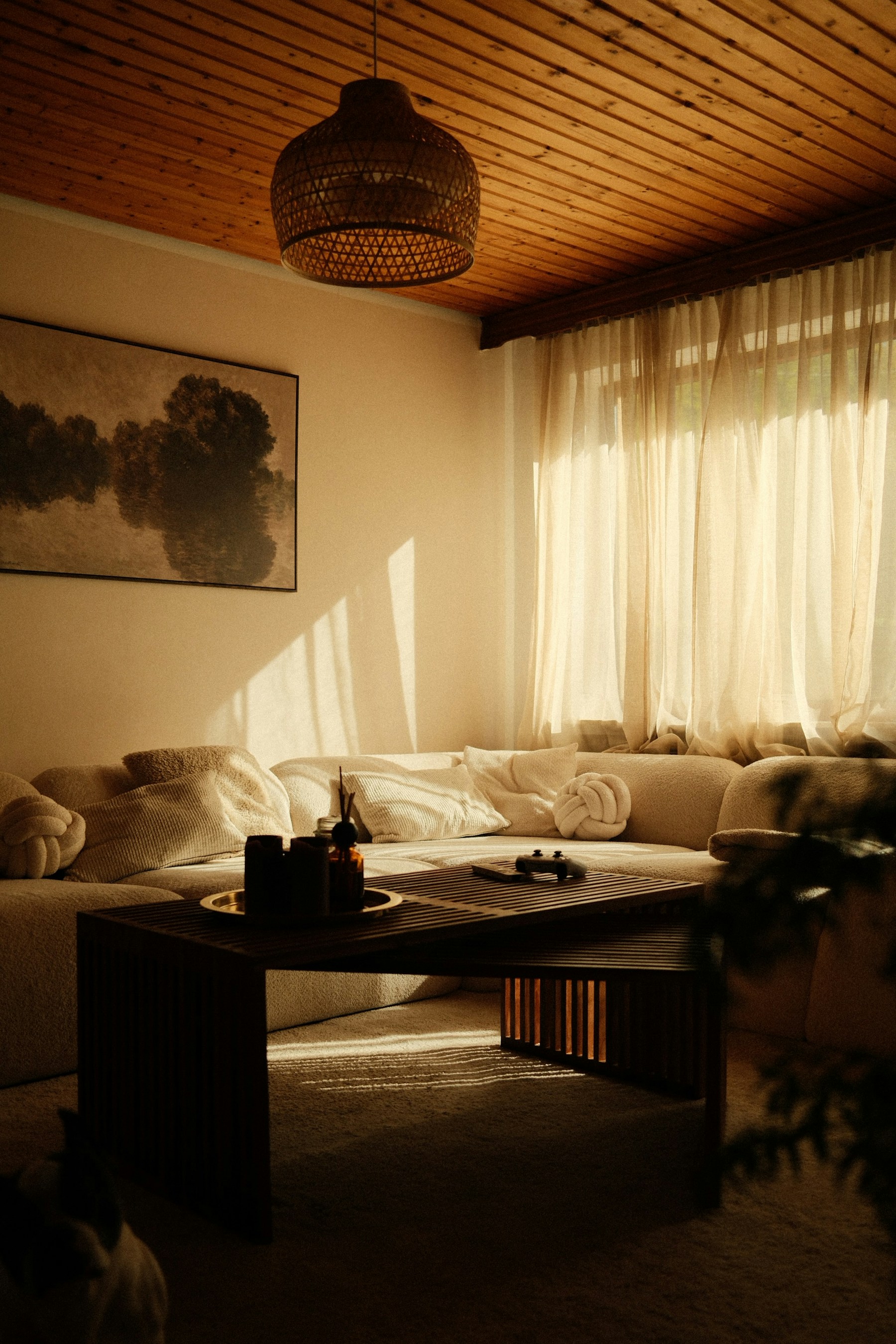 A calm, sunlit living space with natural materials and greenery